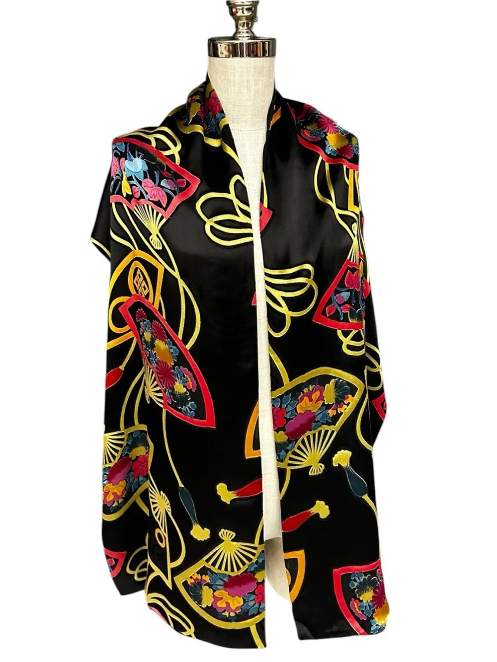 Chico’s Silk Blend Asian Fan Floral Oversized Scarf Wrap Shawl Black Multicolor
